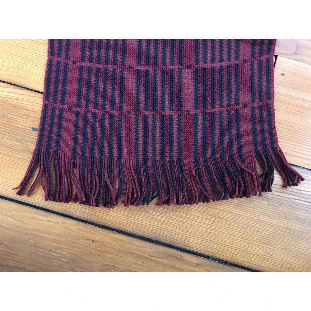 Johnston Murphy German Maroon Black Striped Fringe 100% Wool Knit Winter Scarf